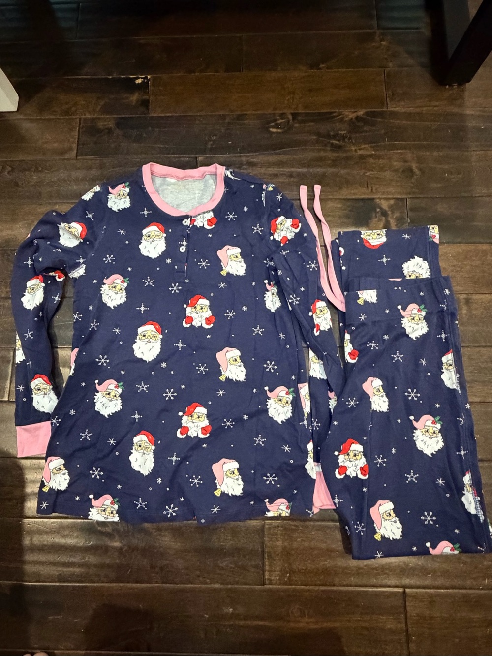 The Beaufort Bonnet Company Navy Santa Print Pajama Set with Pink Trim
